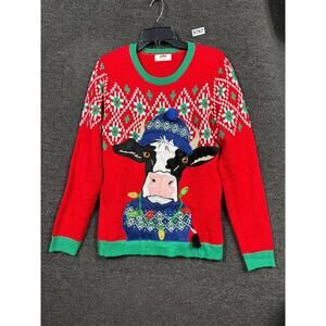 Holiday Time Sweater Mens Small Red Christmas Cow Light Up LED Ugly Novelty
